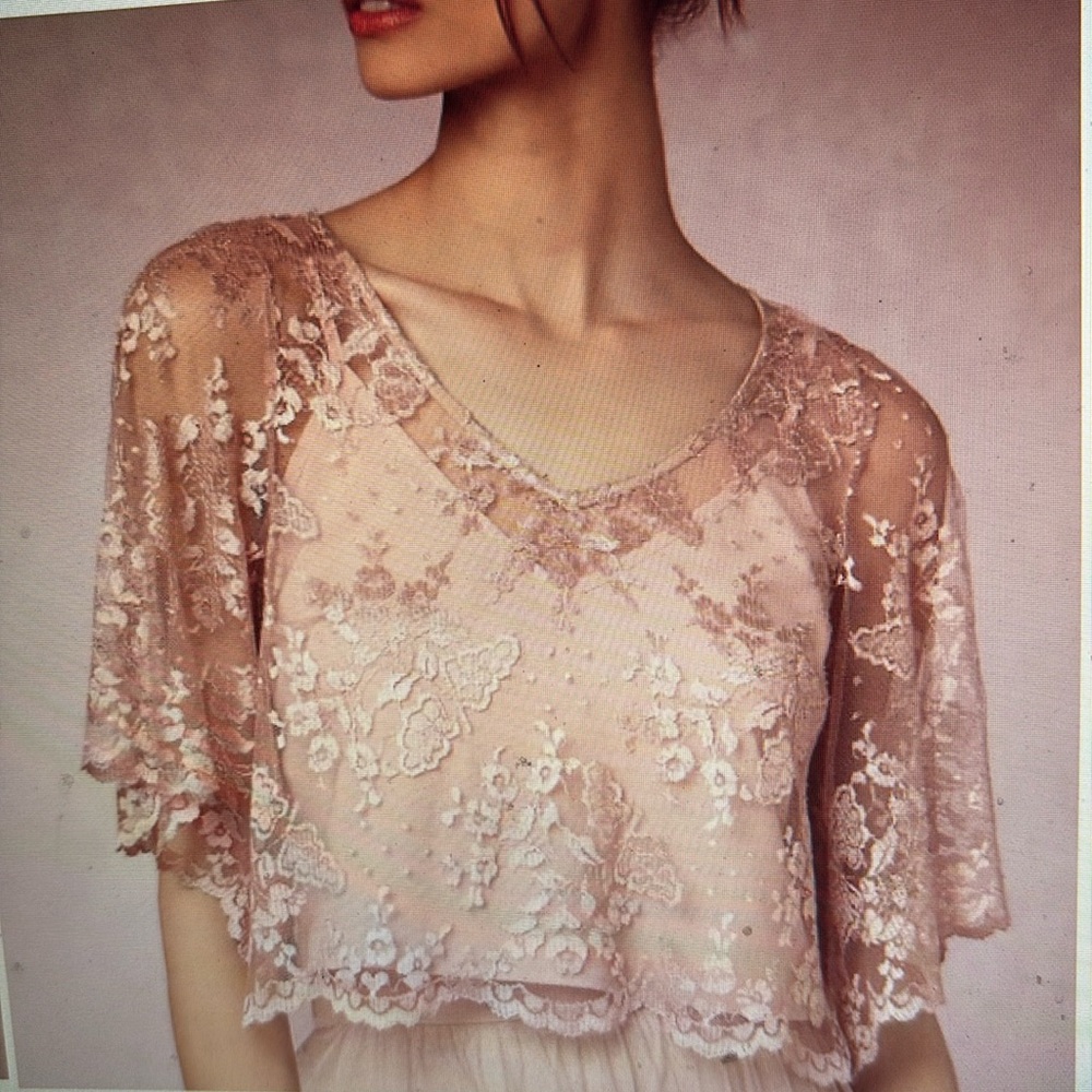 Anthropologie BHLDN Donna Morgan Blush Pink Lace Flutter Sleeve Top XS